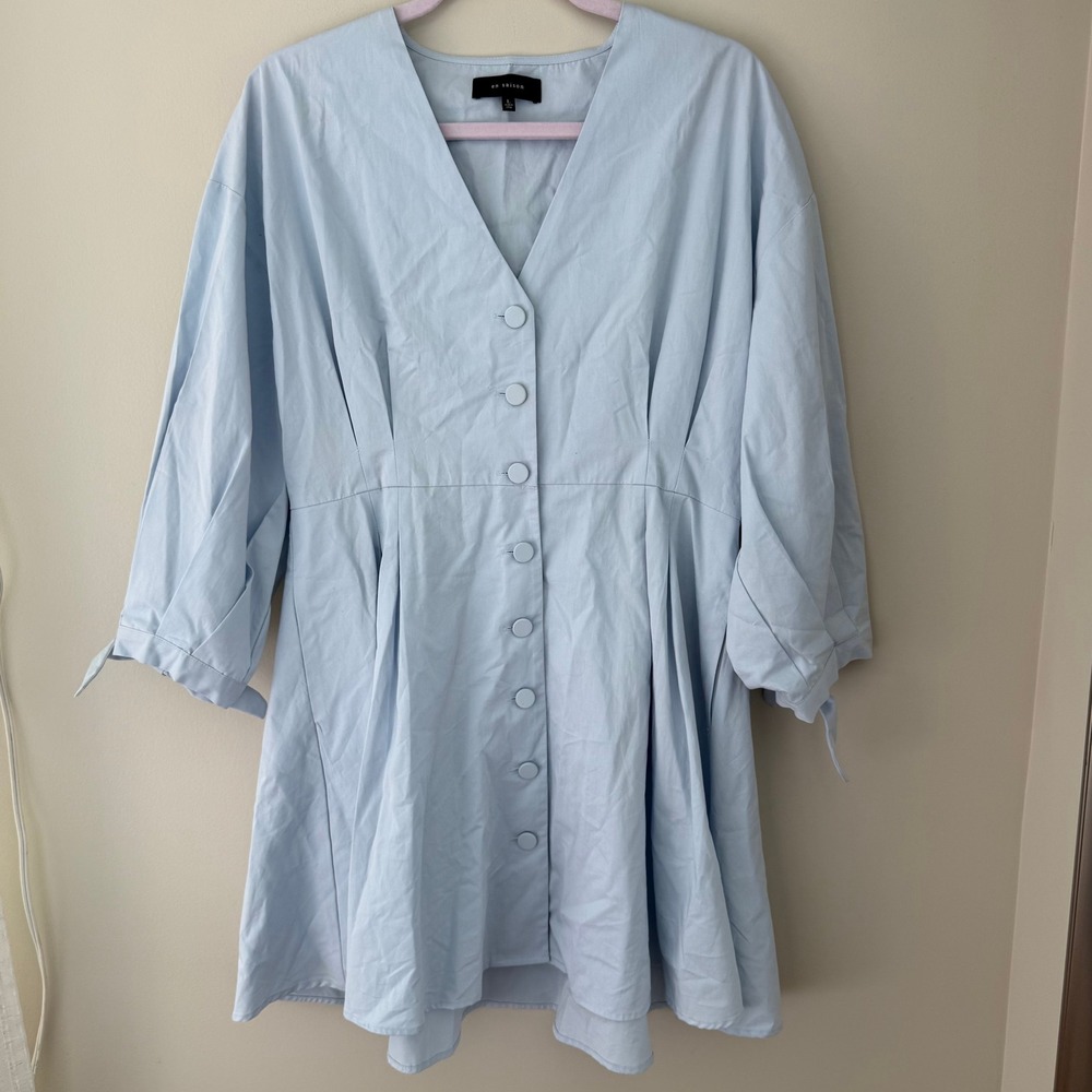 En Saison‎ Light Blue Cotton Poplin V-Neck Button Front Mini Dress Large